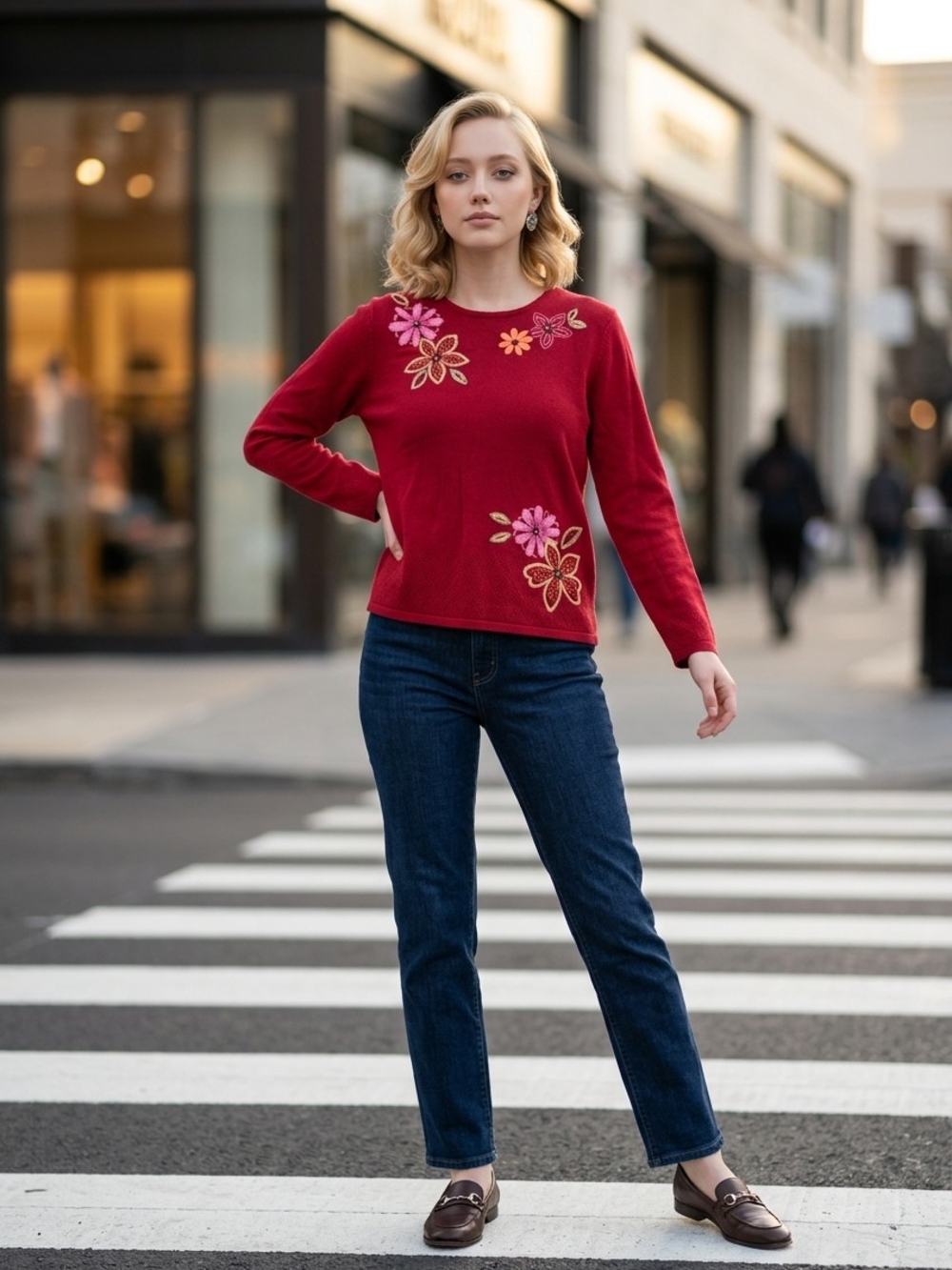 Alfred Dunner Fushia Floral Embroidered Light Weight Sweater